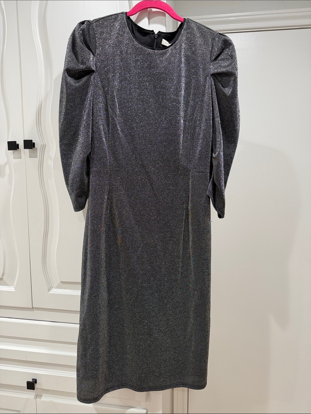 Halston Heritage Metallic Puff-Sleeve Midi Dress in Charcoal Silver
